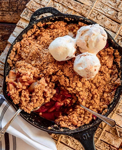 SKILLET APPLE CRISP FIRE ICE CREAM, OATMEAL CRUST