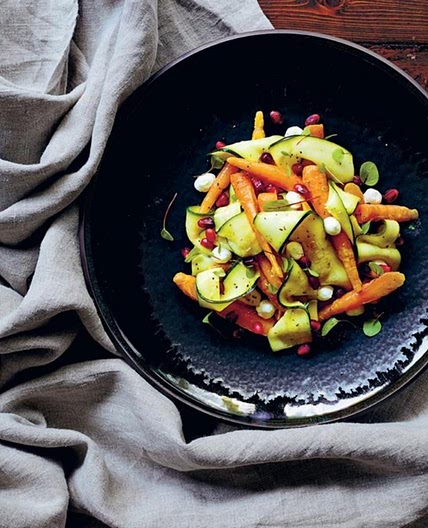 BABY CARROTS WITH ZUCCHINI, GOAT’S CURD, POMEGRANATE & TARRAGON DRESSING