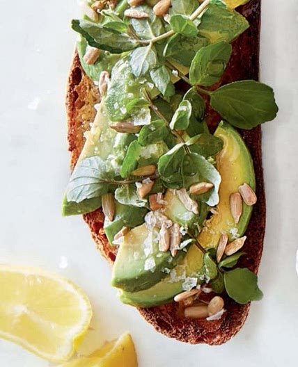 avocado toasts with watercress,  sunflower seeds & flaky  sea salt