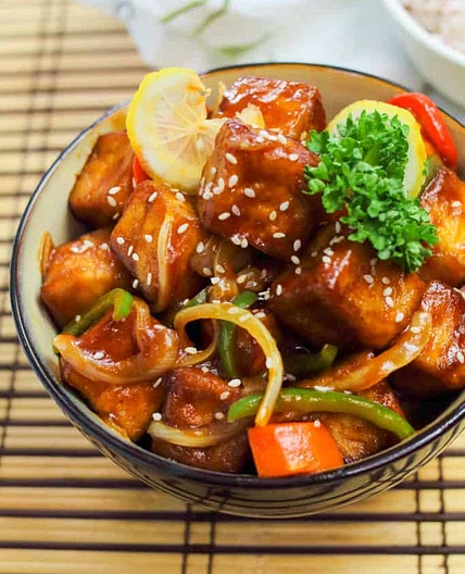 Sweet & Sour Tofu with Black Rice & Baked Potato