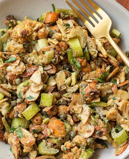 Roasted cauliflower crunch salad with Lemon Tahini Dressing (vegan)