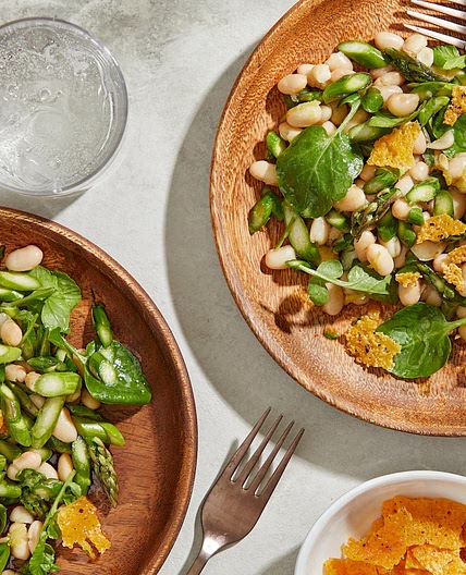 Crisped fried cheddar crowns this fresh asparagus and bean salad