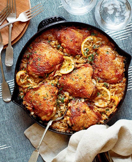 Chicken Thighs w/ Orzo and Burrata