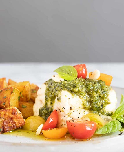 Sear-Roasted Alaskan Halibut with Macadamia Nut Pesto