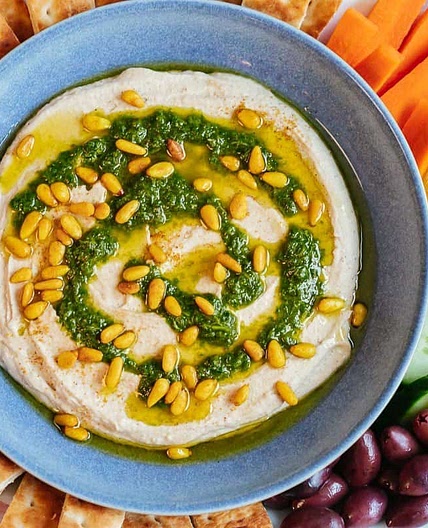 White Bean Hummus with Herb Salsa and Spiced Pine Nuts