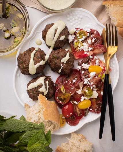 Lamb Meatballs With Feta Salad & Wasabi Cucumber Sauce
