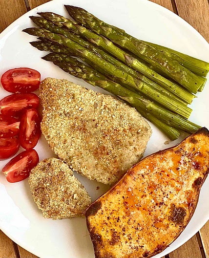 Sesame-Crusted Seitan with Baked Sweet Potato and Asparagus