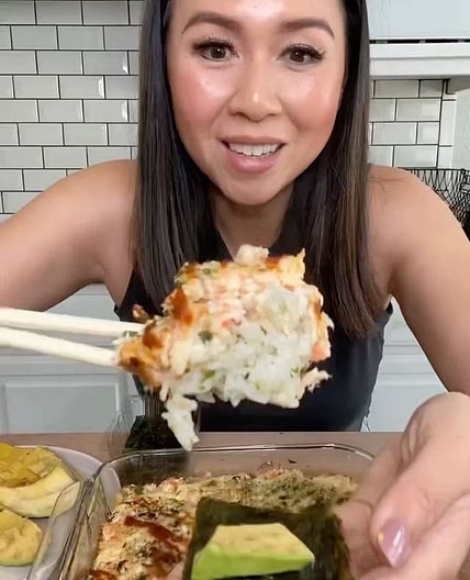 Perfected my Sushi Bake! 🍣 by: 💚 This is a must save and share! I used a little over 1 cup short grain rice because it was all I had left, but turned out to be the perfect ratio of rice. I then smashed with a fork one cooked salmon filet, 1 1/2 cups crab
