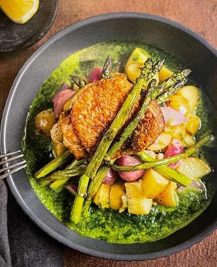 Roast Chicken with Spring Veg & Herb Broth
