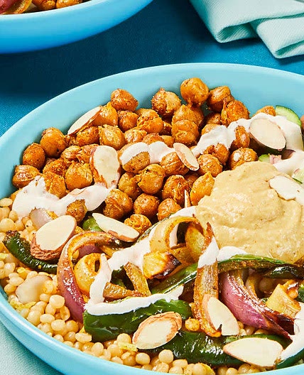 Crispy Chickpea Couscous Bowls
with Poblano, Hummus & Lemon Crema