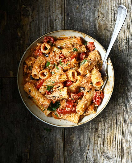 Eggplant and sun dried tomato pasta with ricotta