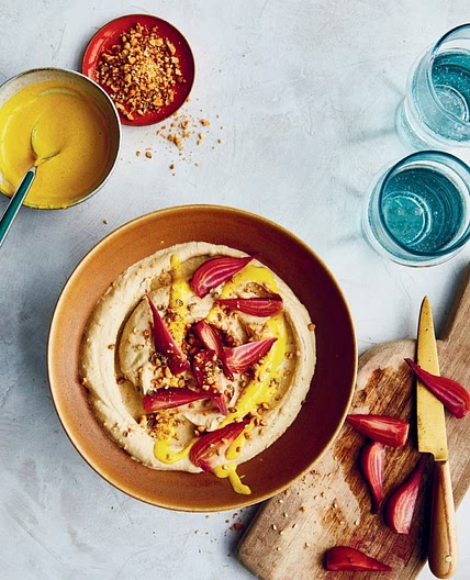 ROASTED BEET HUMMUS BOWL WITH TURMERIC TAHINI AND PEANUT DUKKAH