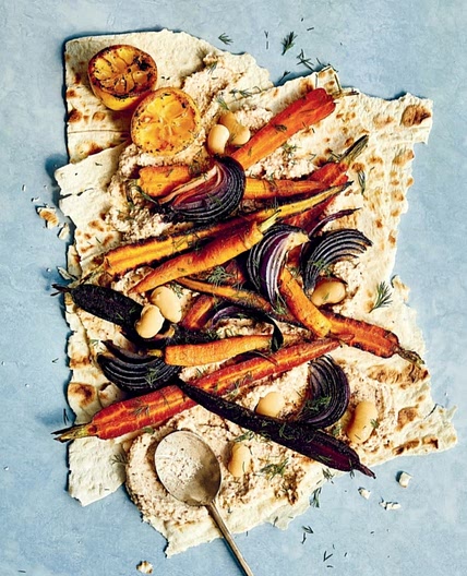 CUMIN-ROASTED CARROTS, ONIONS, AND LEMONS WITH BEAN SPREAD