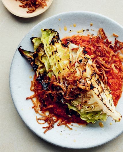 CHARRED HISPI CABBAGE WITH ROMESCO AND CRISPY SHALLOTS