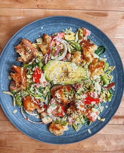 BLT Salad with Creamy Wasabi Dressing and Ciabatta Croutons 