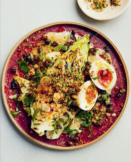 CHARRED HISPI CABBAGE WITH ANCHOVY SAUCE, SOFT EGGS, CRISPY CAPERS AND PANGRATTATO