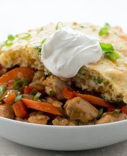 Cajun Chicken Thigh Cornbread Pie with sour cream and red bell pepper