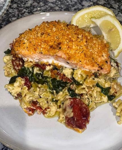Parmesan Crusted Salmon Over Boursin Pasta