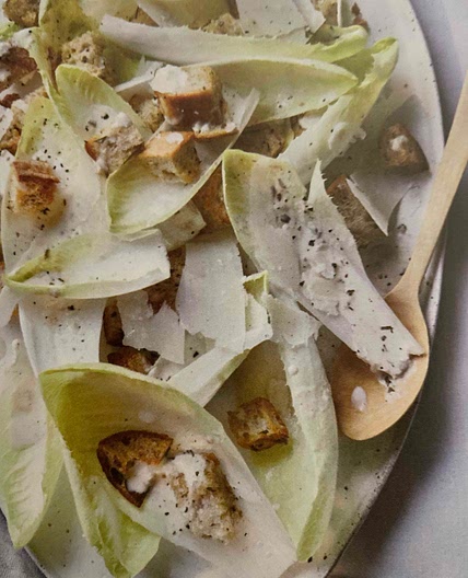 Chicory Caesar salad with rosemary croutons 