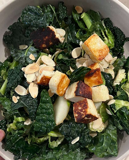 Kale and Brussels Sprouts Salad With Pear and Halloumi