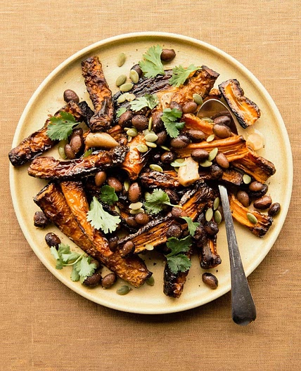 cranberry bean salad w/roasted carrots + mojo de ajo + w/shaved summer squash + gribiche