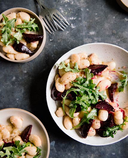 anchovy-garlic marinated corona beans w/arugula + beets