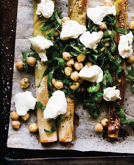 whole roasted leeks w/chickpeas, lemon vinaigrette, ricotta + chard