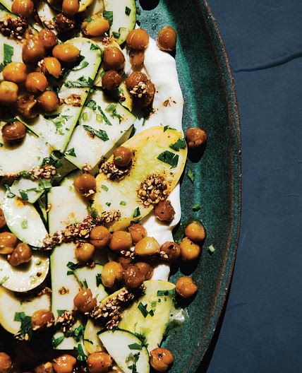 shaved summer squash w/greek yogurt, fried chickpeas + za’atar oil