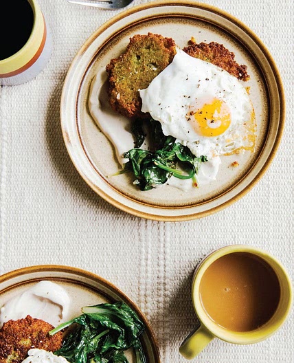 pea breakfast fritters w/fried egg, greens + smoked yogurt