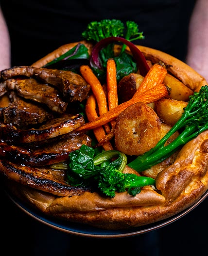 Giant Yorkshire Pudding, Roast Potatoes & Minted Lamb Steaks