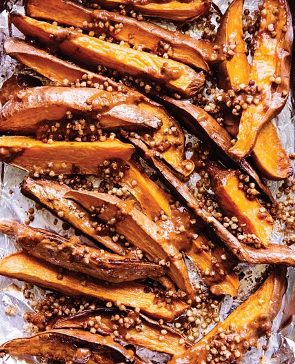 roasted sweet potatoes w/fried buckwheat + harissa + 2 variations