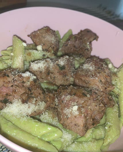 Avocado Pasta with Roasted Garlic Butter Steak Bites