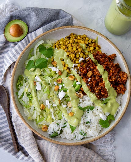 Street Corn Bowl with Tofu Lentil Picadillo
