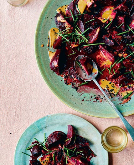 Gingery Beetroot with Peanut Dressing, Black Sesame, and Chives