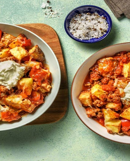 Cheesy Mexican Style Beef Hash with Crispy Potato Top and Soured Cream