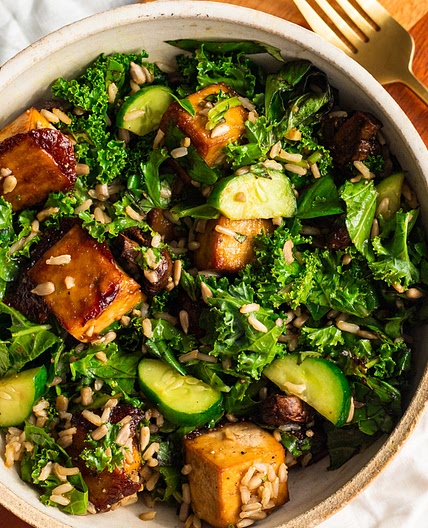 Sesame Miso Kale Salad with Tofu and Basil (vegan)