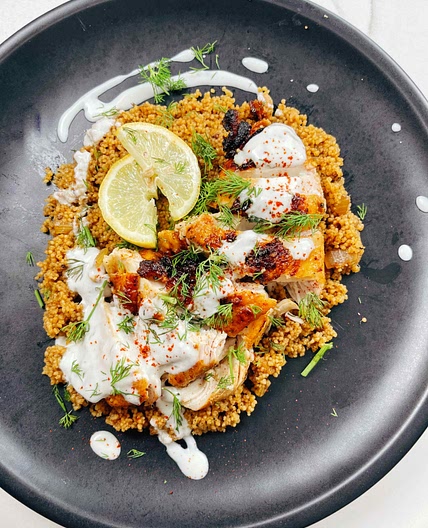 Braised Chicken with Couscous, Dates and Tangy Yogurt 