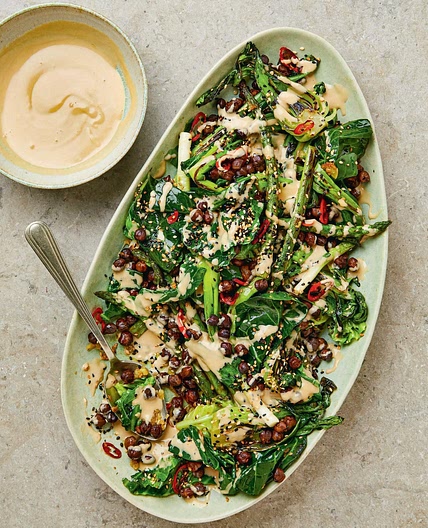 Garlicky Greens with Fried Black Chickpeas and Tahini Soy Dressing