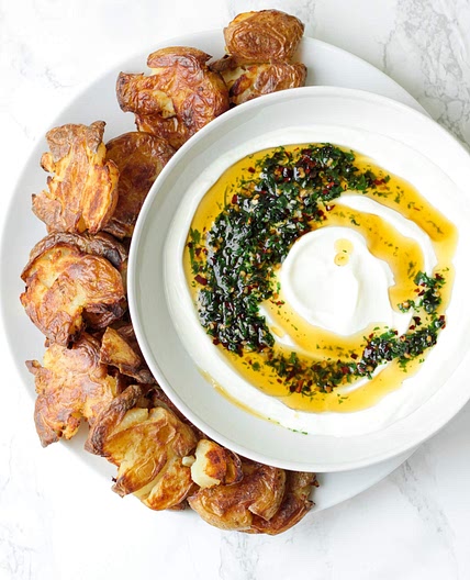 Crispy Smashed Potatoes with Yogurt Dip