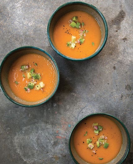 SWEET-TART SUN GOLD TOMATO SOUP WITH AVOCADO RELISH