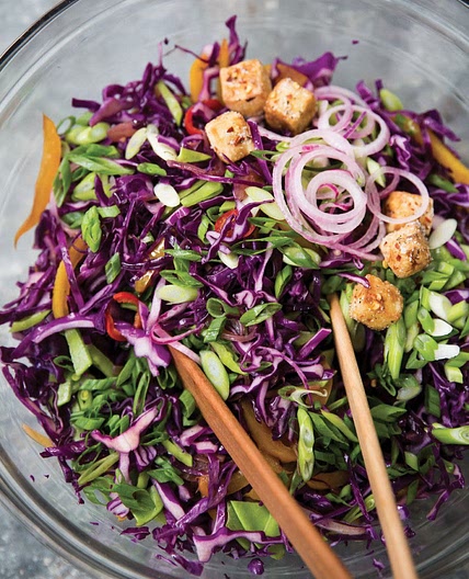 WARM RED CABBAGE SALAD WITH TOGARASHI TOFU CRISPS
