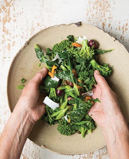 BROCCOLI WITH ROASTED PEPPERS, FETA, OLIVES, AND HERBS
