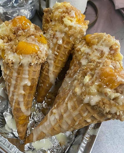 Peach cobbler cheesecake cones 