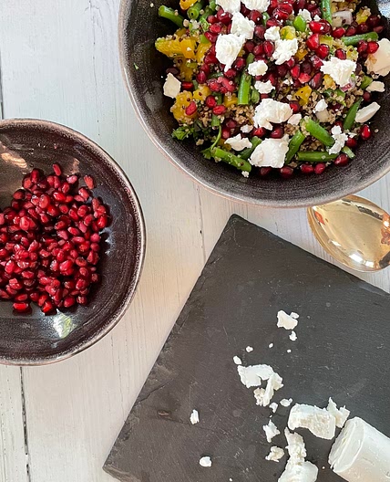 Quinoa, (Vegan) goats cheese & pomegranate salad.