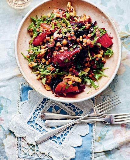 Roast beetroot, lentils and walnuts