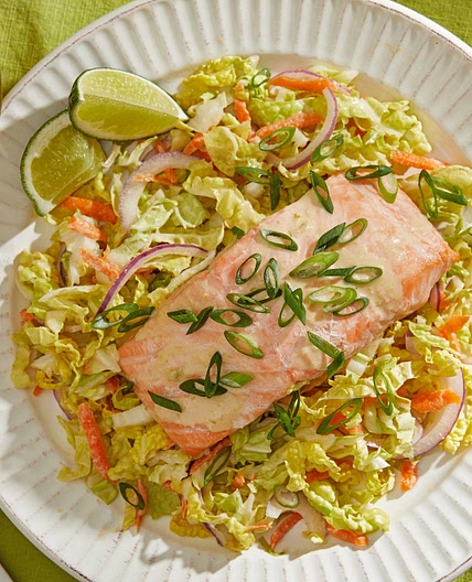 Poached Salmon and Napa Slaw With Citrus-Miso Dressing