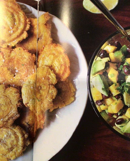 Fried Green Plantains with Avacado black bean salsa