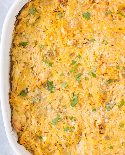 Healthy Buffalo Chicken Spaghetti Squash Casserole