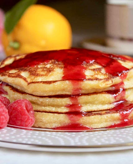 Lemon Ricotta Pancakes with Raspberry Syrup