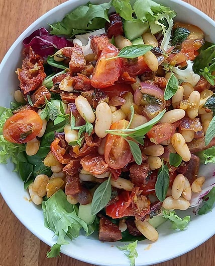 Warm Chorizo Chickpea Cannelini and Feta salad